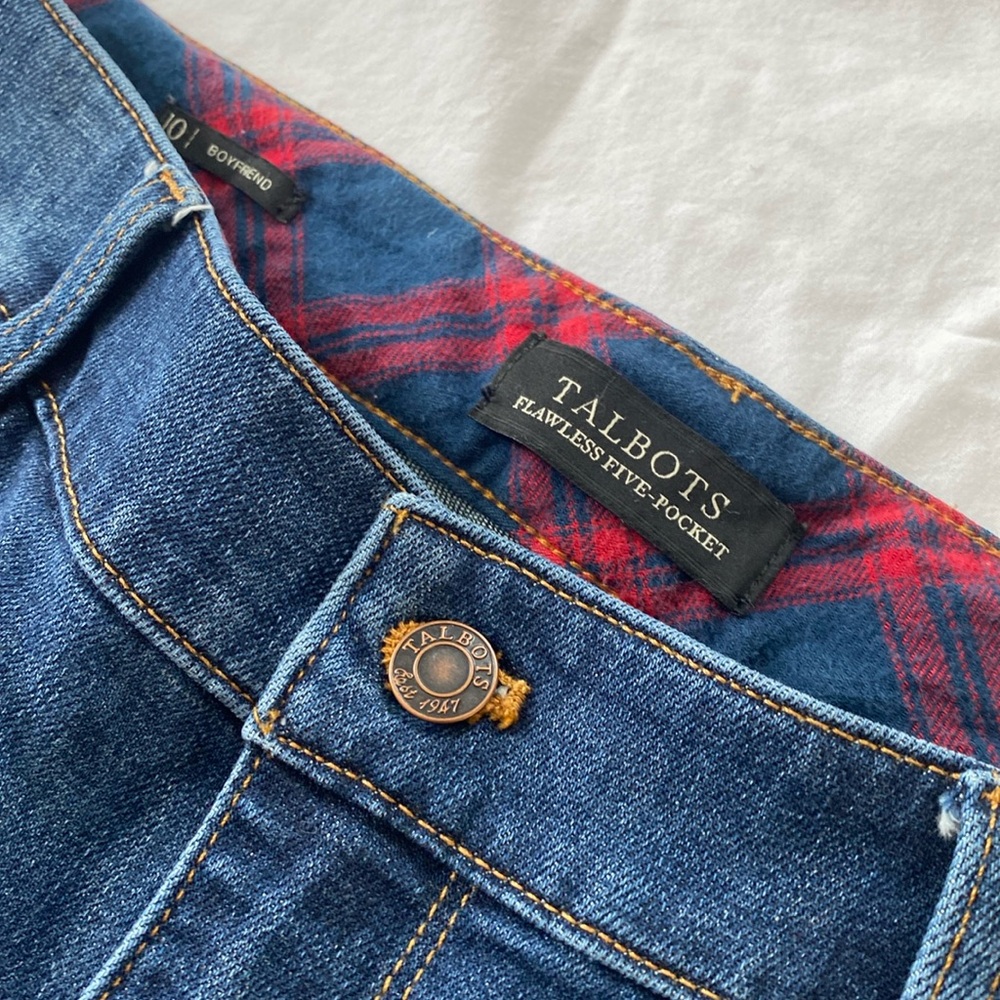 Talbots women’s jeans, boyfriend cut jeans, size 10, like new, plaid flannel